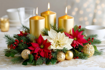 Christmas centerpiece decorating a table, featuring burning candles, poinsettias, and golden ornamentsの素材