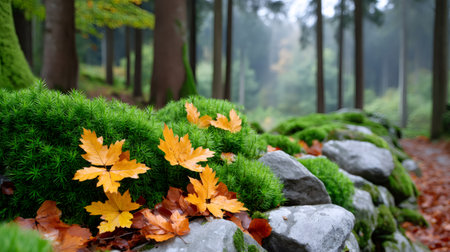 Orange autumn leaves decorating mossy rocks along a forest edgeの素材