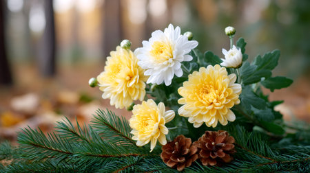 Bouquet of yellow and white chrysanthemums with pine branches and cones on fallen leavesの素材