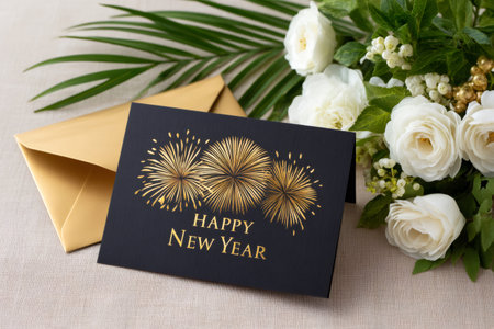 New Year greeting card featuring golden fireworks and text with a matching envelope and flowersの素材