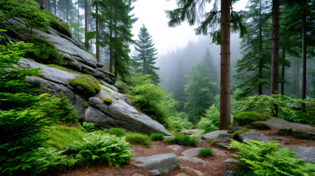 Green forest landscape with trees, rocks, and a winding path on a foggy dayの素材