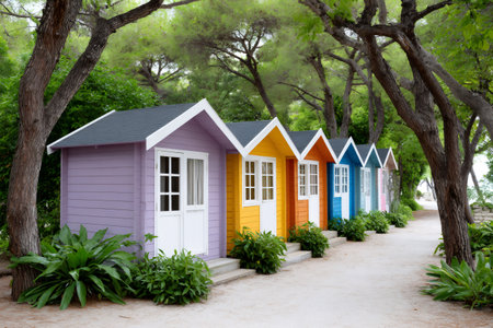 Row of colorful beach huts standing on a path under trees, creating a vibrant sceneの素材