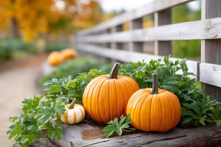 Pumpkins and gourds growing on a wooden fence among green foliage during autumn seasonの素材