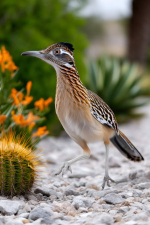 Roadrunner bird walking on gravel next to a desert cactus and orange flowersの素材