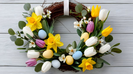 Wreath displaying tulips, daffodils, and eggs on a light wooden background for Easter celebrationの素材