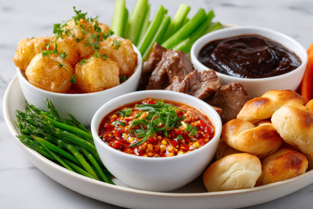 Appetizer platter serving crispy fried snacks, grilled meat, fresh vegetables, and savory dipping saucesの素材