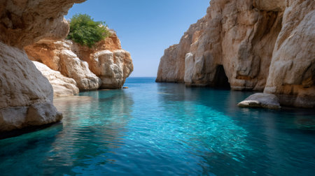Clear turquoise water filling a secluded sea cove embraced by towering rock formations and cliffsの素材