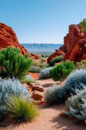 Desert trail winding through red rock formations and arid vegetationの素材