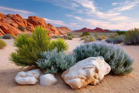 Desert landscape featuring vibrant plants, light rocks, and orange mountains under skyの素材