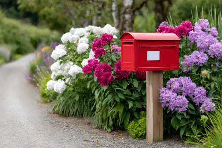 Red mailbox standing by a gravel road surrounded by colorful summer flowers and green foliageの素材