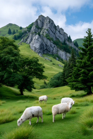 Sheep grazing on lush green grass with a rocky mountain peak and trees under a blue skyの素材
