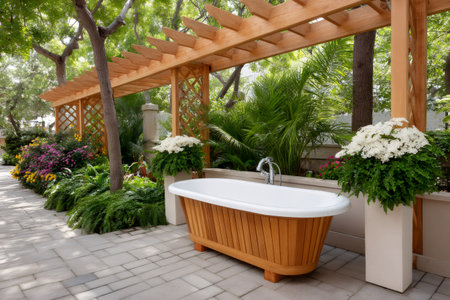 Outdoor wooden bathtub on a stone patio providing relaxation in a lush garden under a pergolaの素材