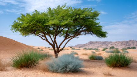 Green acacia tree thriving in the arid desert landscape under a blue skyの素材