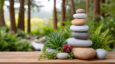 Stacked natural zen stones with plants on a wooden table, symbolizing balance and tranquilityの素材