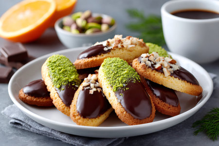 Financier pastries, dipped in chocolate and topped with pistachio and almond, served with coffeeの素材