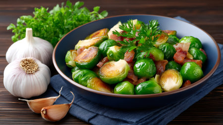 Brussels sprouts and bacon cooking with parsley, garlic, and fresh herbsの素材