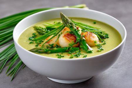 Gourmet asparagus cream soup served with seared scallops and fresh chives, a healthy and delicious mealの素材