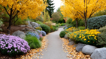 Autumn colored leaves scattering on a garden path with colorful flowers and treesの素材
