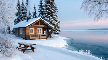 Cozy log cabin on a snowy lake shore with smoke rising from the chimney during winterの素材