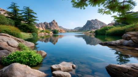 Still lake water reflecting rugged mountains and a bright clear blue sky with surrounding rocks and foliageの素材
