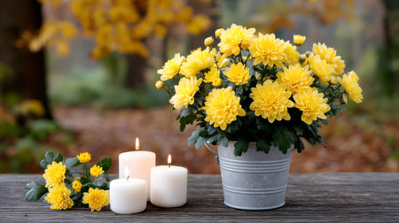 Chrysanthemums in a bucket with lit candles creating a tranquil autumn remembrance sceneの素材