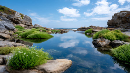 Calm tide pool capturing sky reflection, surrounded by green coastal plants and rocksの素材