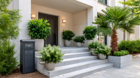 Contemporary building entrance featuring a dark front door, a mailbox, and lush potted plants on granite stairsの素材