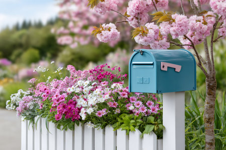 Teal blue mailbox standing by a blooming white picket fence garden with pink cherry blossomsの素材