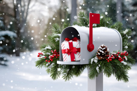 Mailbox decorated with pine branches and berries, delivering a holiday present in winter snowの素材