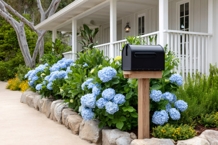 Residential house with a black mailbox and vibrant blue hydrangea flowers in a landscaped gardenの素材