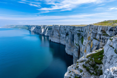 White chalk cliffs dramatically lining the calm, deep blue ocean under a clear skyの素材