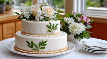 Two tiered wedding cake decorated with fresh flowers, golden pearls, and greeneryの素材