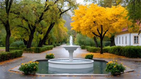 Park fountain active, surrounded by path and trees with yellow and green autumn foliageの素材
