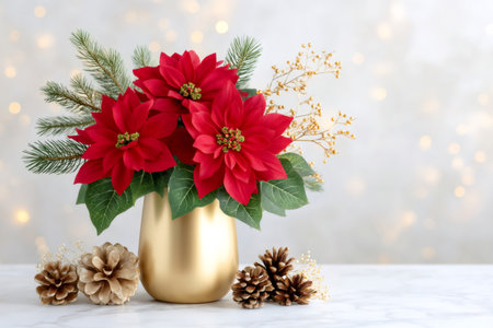 Red poinsettia flowers and pine branches in a golden vase with pine cones, creating a festive holiday decorationの素材