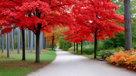 Park path leading through a colorful landscape of red maple trees and fall foliageの素材