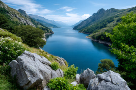 Deep blue reservoir waters flowing through a natural valley surrounded by green mountains under a bright skyの素材