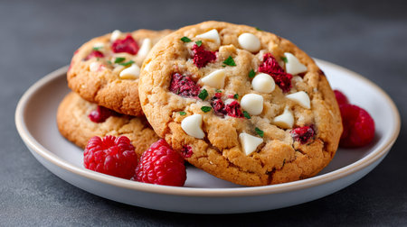 Freshly baked raspberry white chocolate cookies with real raspberries on a plateの素材