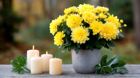 Yellow chrysanthemums in a gray pot displaying warm candlelight and green leaves on a rustic wooden surfaceの素材