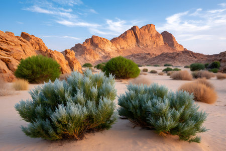 Desert plants growing in sand with sunlit mountains under a blue skyの素材