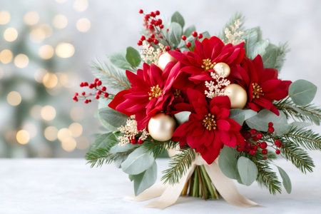 Festive poinsettia bouquet adorning a holiday celebration on a white tableの素材