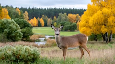 Doe standing in a scenic autumn field with colorful trees and a riverの素材