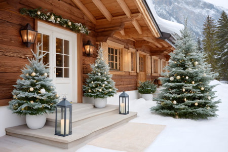 Traditional wooden cabin entrance, decorated with festive Christmas trees and glowing lanterns in fresh snowの素材