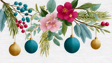 Watercolor Christmas garland featuring festive berries, evergreen branches, and hanging ornaments on whiteの素材
