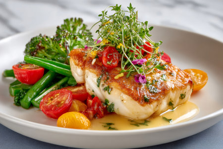 Pan-seared fish fillet served with cherry tomatoes, green beans, and broccoliの素材