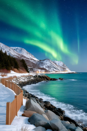Northern lights illuminating a winter landscape with snow-covered mountains and an ocean shoreの素材