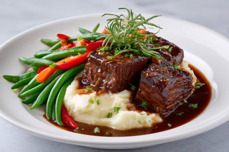 Braised short ribs served with creamy mashed potatoes, green beans, and carrots, adding rosemary for garnishの素材