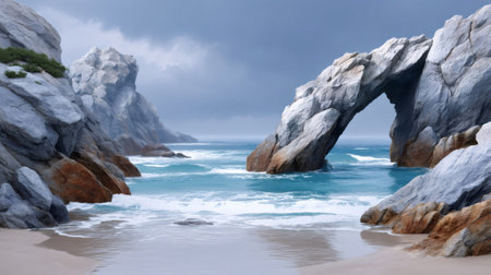 Ocean waves washing ashore a scenic coved beach with a large rock arch formationの素材