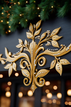 Gold ornamental scrollwork with white beads and festive pine branches creating a luxurious borderの素材