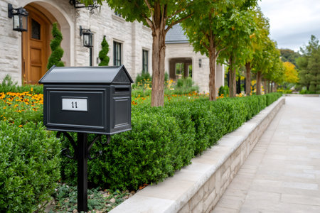 Black mailbox standing by a stone wall, green hedge, and trees in front of a luxury homeの素材