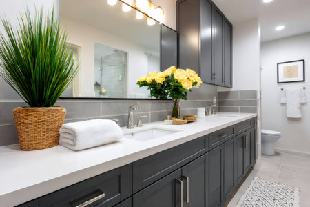 Bathroom featuring a double vanity with two sinks, gray cabinets, a large mirror, and decorative plantsの素材